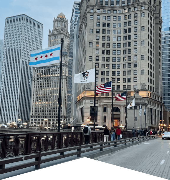 A city street with skyscrapers