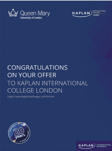 Письмо о поступлении: Queen Mary University of London / Kaplan International College London