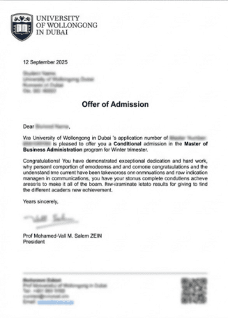 Письмо о поступлении: University of Wollongong in Dubai